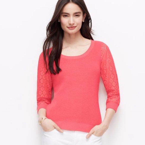 Ann Taylor Tops - Ann Taylor Pink Floral Embroidered Sleeve Sweater